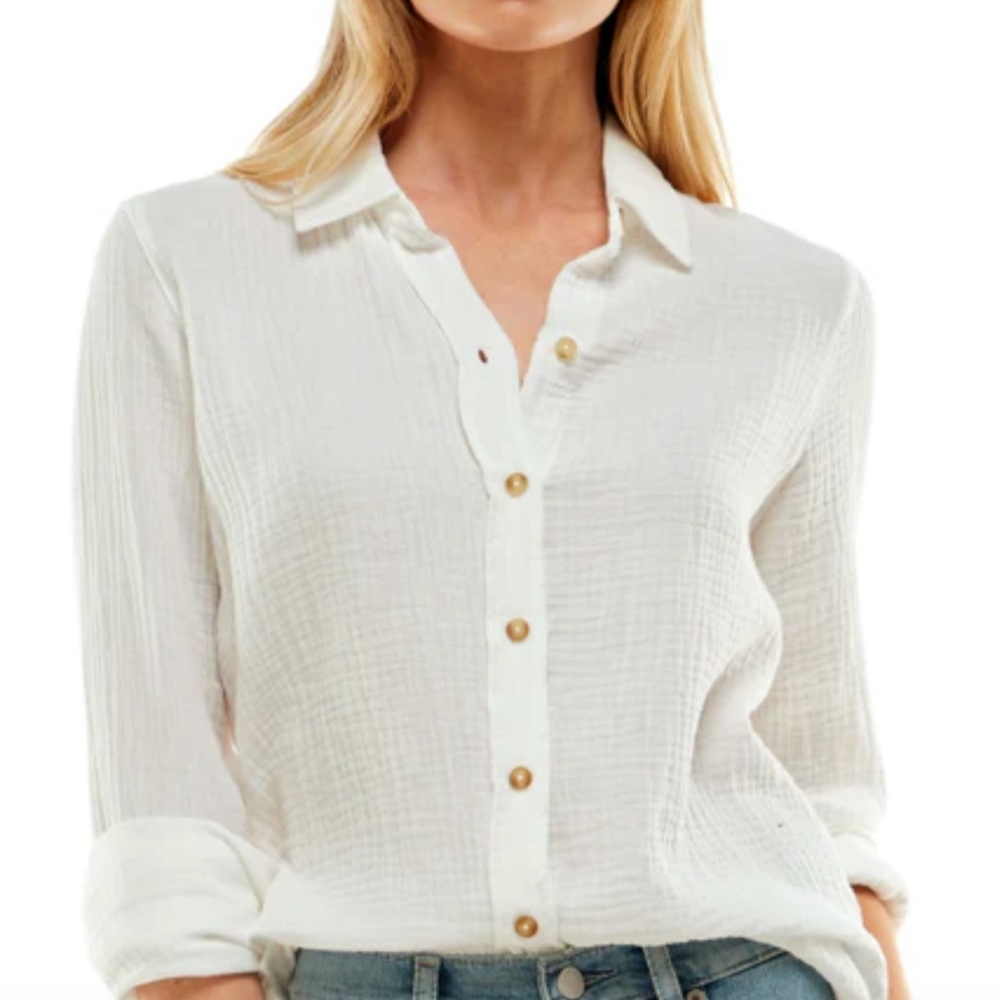 NWT Socialite White Crinkle Gauze Long Sleeve Button Down Front & Back Shirt L